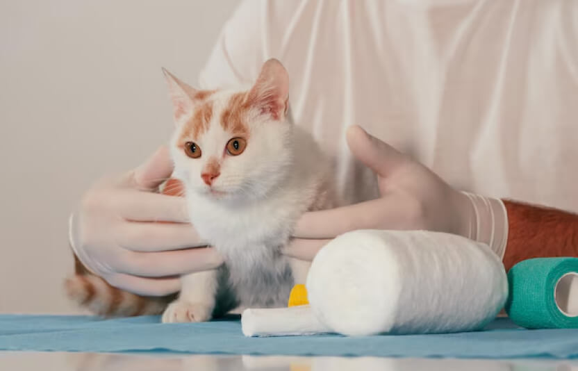 кошку держат руками в перчатках